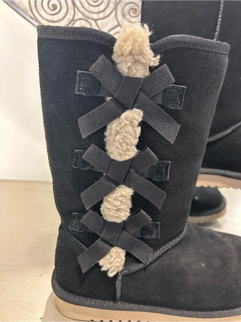 Koolaburra Black Suede Mid-Calf Boots with Cream Fur Trim and Side Bows